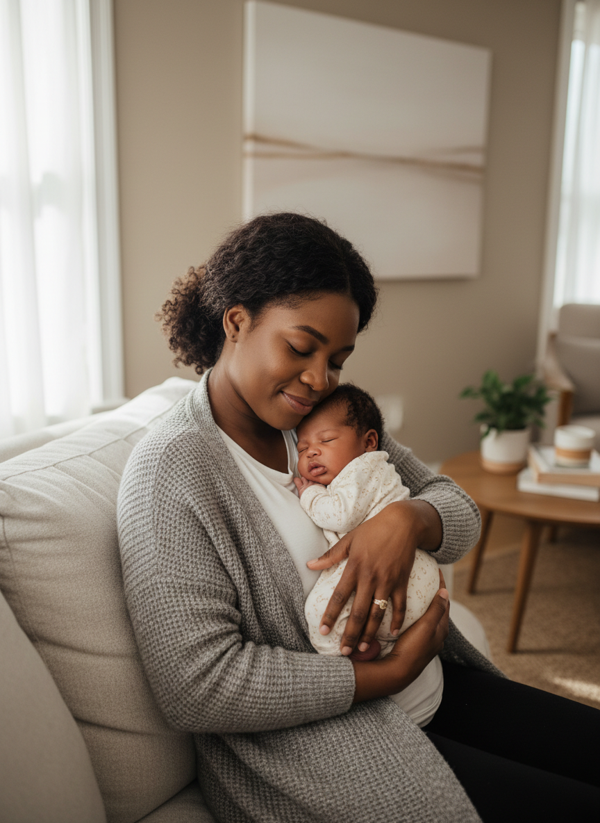 A mother tenderly holding her newborn baby